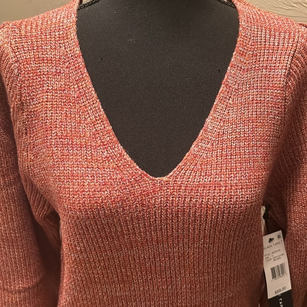 Cozy  Black Tape V-Neck Sweater Dress - Rust - Picture 4 of 8